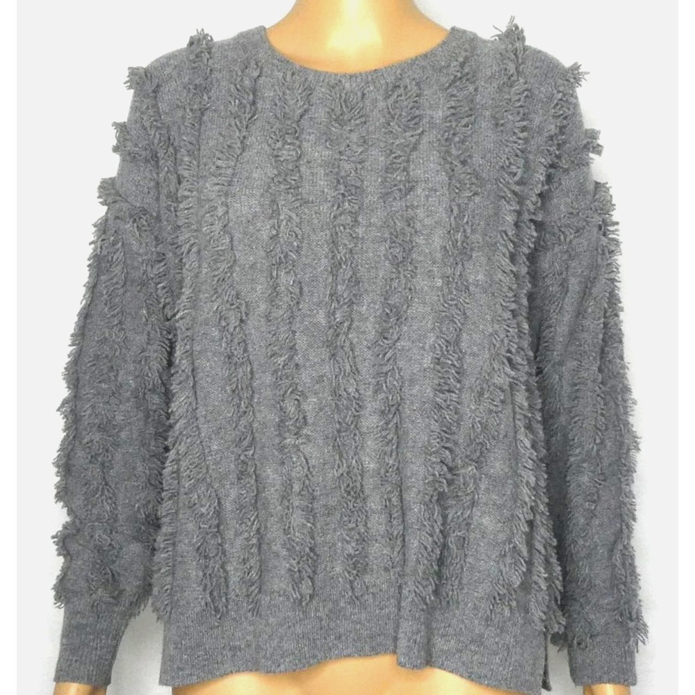 MADEWELL Gray Merino Wool FRINGE STRIPES SWEATER Soft Fuzzy Preppy SIZE XXS